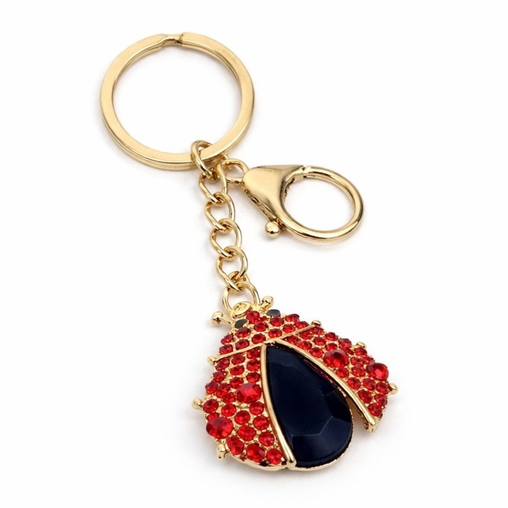 Gold Red Black Rhinestone Ladybug Key Chain Charm Bag Purse Decor 4"
